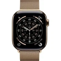 Abbildung von Apple Watch Series 11 Cellular 42mm Gold Titan Gehäuse mit Gold Milanaise Armband