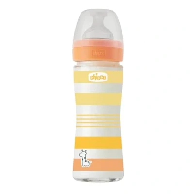 Abbildung von CHICCO BABYFLÄSCHCHEN WELL BEING GLAS, 240 ML, NORMALER FLUSS, 0M+ SILIKON, GELB