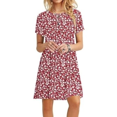 Abbildung von MOLERANI Damen Sommerkleider Casual T Shirt Kurzarm Strandkleid Loose Swing Kleid (M, Rote Blume)