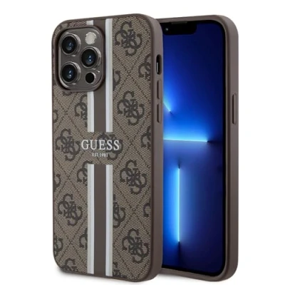 Abbildung von CG MOBILE Handyhülle für iPhone 15 Pro Max PC/TPU Braun Hardcase Kompatibel mit Magsafe 4G Gedruckte Streifen Guess
