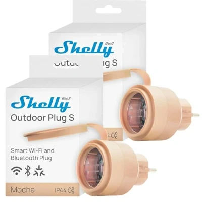 Abbildung von Shelly Outdoor Plug S Gen3 Dopplepack, WLAN Smarte Steckdose für den Außenbereich, IP44, Matter Zertifiziert, 12A, 2500W, Außenbeleuchtung, Leistingsmessung, Außenautomatisierung, Alexa, Google