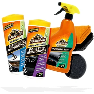 Abbildung von detailmate Auto Cockpitpflege Bundle: Armor All Kunststoff Tiefenpfleger seidenmatt 0,5L, Scheibenreinigungstücher 30Stk, Polsterreinigertücher 30Stk + 2X Microfasertuch Pad