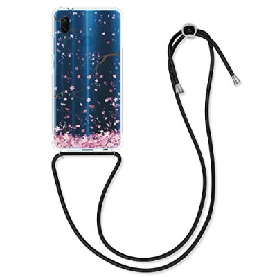 Abbildung von kwmobile Necklace Case kompatibel mit Huawei P20 Lite Hülle Silikon Cover Handykette Rosa Dunkelbraun Transparent Kirschblütenblätter