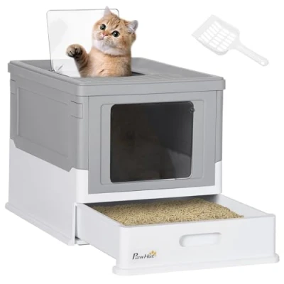 Abbildung von PawHut Katzentoilette Katzenklo mit Deckel Katzenhaus Bodenschale Kunststoff Weiß+Grau, BxTxH: 47.5x35.5x36.7 cm