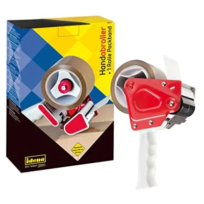 Abbildung von Idena 631049 Paketband Abroller, Hand inkl. 1 Rolle geräuschlosem Packband 66 m x50 mm, braun