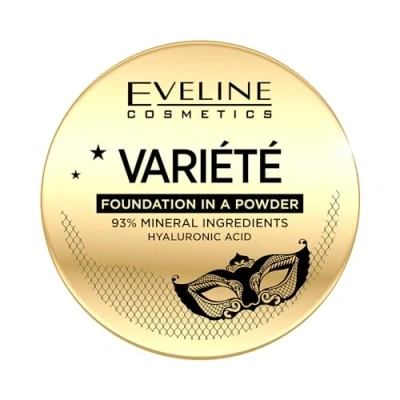 Abbildung von Eveline Cosmetics Variété Minerales Puder Make up mit Hyaluronsäure Leichte Formel, 93% Mineralische Inhaltsstoffe, Vegan, Mittlere bis Hohe Deckkraft, Schwamm Applikator Inklusive