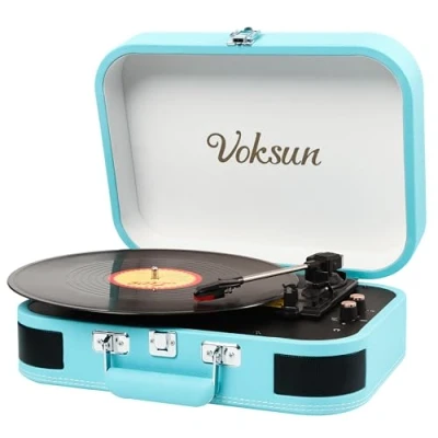 Abbildung von Plattenspieler, VOKSUN Bluetooth Schallplattenspieler Vinyl Plattenspieler Turntable mit Lautsprecher, Riemenantrieb 33/45/78 U/min, Koffer, zu MP3 Funktion/USB/Aux In/RCA