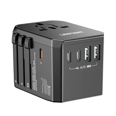 Abbildung von LENCENT 70W Universal Reiseadapter, GaN Internationales Schnellladegerät mit 3 PD3.0 Typ C+2 QC USB A, Weltweiter Stromadapter für Telefone, Laptops, All in One Travel Essentials EU/USA/UK/AU