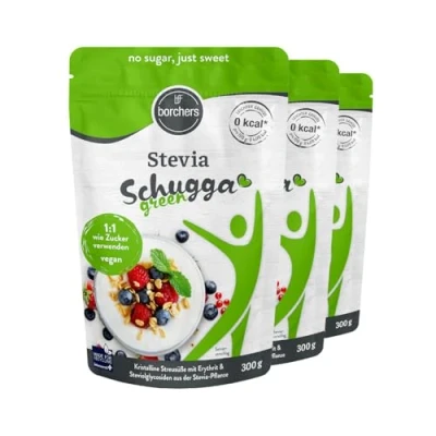 Abbildung von BORCHERS Schugga green, Kristalline Streusüße 3x 300g, Stevia Erythrit Mischung, 1:1 wie Zucker, kalorienfrei &amp; zuckerfrei, Zuckerersatz, Süßungsmittel, Zuckeralternative