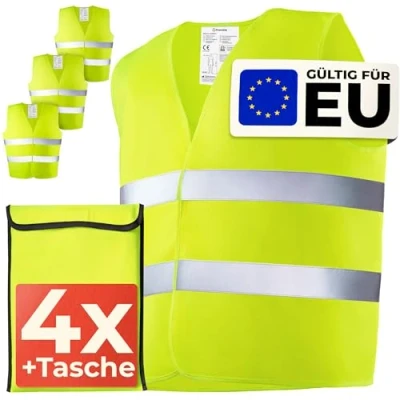 Abbildung von Prowiste Warnweste Auto Warnwesten Gelb 4er Set Reflektierende Warnschutz Weste +Tasche (Set mit kompakter Tasche, 4 tlg) Für Herren Damen 2024 TÜV Geprüft StVO konform High Visiblity