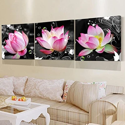 Abbildung von XIANGPEIFBH Blume Lotus Leinwand Malerei Wandkunst Bild Dekoration Wohnzimmer Wanddekor Leinwanddruck 50x50cmx3pcs Ungerahmt