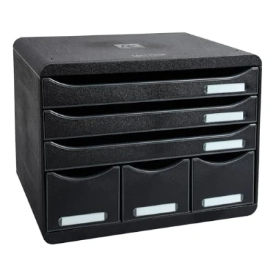 Abbildung von Exacompta 306714D Ablagebox Glossy Querformat mit 6 Schubladen für DIN A+ Dokumente. Belastbare Schubladenbox hoher Kapazität mehr Platz auf dem Schreibtisch Store Box Blauer Engel Schwarz