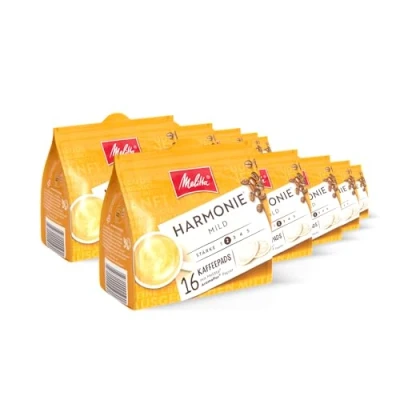 Abbildung von Melitta Harmonie mild gemahlener Röstkaffee in Kaffee Pads 10 x 16 Pads, Kaffeepads für Pad Maschine, milde Röstung, geröstet Deutschland, Stärke 2, im Tray