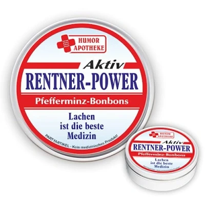 Abbildung von Pfefferminz Bonbon Metalldose Rentner Power, lachen ist die beste Medizin Ruhestand Rente Soforthilfe Humorapotheke Spaßmedizin Humormedizin Pfefferminzdragees Dose Blechdose Pillendose