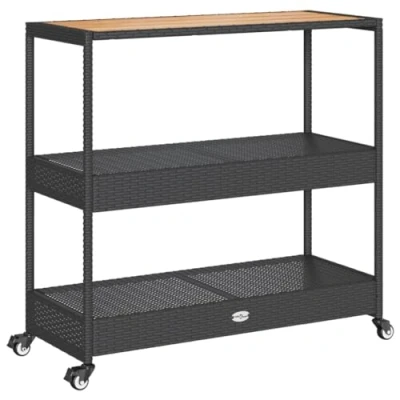 Abbildung von vidaXL Barwagen 3 Böden, Servierwagen mit Rollen Stahlgestell, Rollwagen für Küche Garten Esszimmer, Küchenwagen Küchenregal, Schwarz Poly Rattan Massivholz Akazie