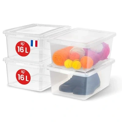 Abbildung von Iris Ohyama, Mehrzweck Kunststoff Aufbewahrungsbox, 16L, 4er Set, Transparent, Einfache Verschließung, Stapelbar, für Schlafzimmer, Küche, Büro, Badezimmer, Kleidung, Spielzeug, BPA frei, CNL 16E