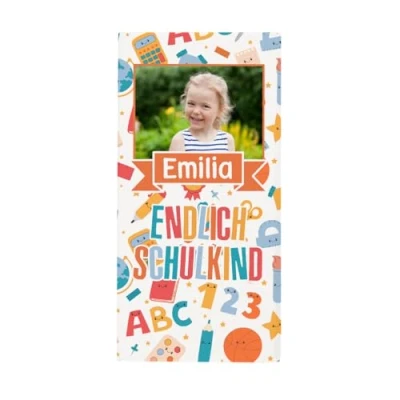Abbildung von Striefchen® 100g Schokolade zur Einschulung Endlich Schulkind mit Wunschname und eigenem Foto personalisiert