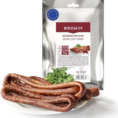 Abbildung von BROWIN® Naturdarm für Wurst Premium hausgemachte Würstchen, Wacholderwurst, Weißwurst, Bratwurst (Kaliber 18/20 mm, 91 Meter, Schafsdarm)