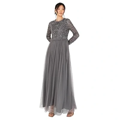 Abbildung von Maya Deluxe Women&#039;s Maxi Ladies Crew Neck Long Sleeve Sequin Embellished Tulle Ruffle for Wedding Guest Bridesmaid Ball Gown Dress, Charcoal, 48