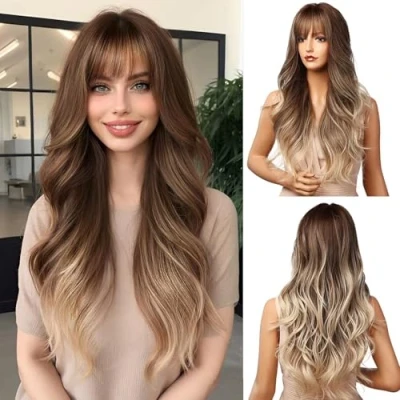 Abbildung von Esmee 24 Zoll Lange Lockige Haar Perücken für Frauen Braun Ombre Blonde Natürlich Synthetische Perücke mit Pony