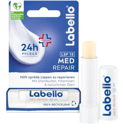 Abbildung von Labello Med Repair Lippenpflegestift, mineralölfreie Lippenpflege mit LSF 15 und Vitamin E für spröde Lippen, Lippenbalsam Sheabutter natürlichen Ölen (4,8 g)
