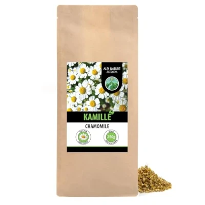 Abbildung von Kamillentee (250g), Kamillenblüten, Kamillenblütentee, ganze Blüten, schonend getrocknet, 100% rein und naturbelassen zur Zubereitung von Tee, Kräutertee, Kamillen Tee