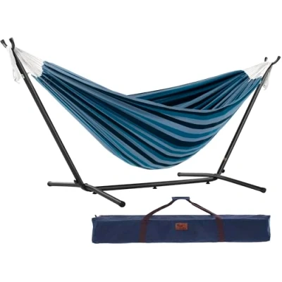 Abbildung von Vivere Doppel Baumwolle Hängematte mit Hängemattengestell 250 cm, Blue Lagoon
