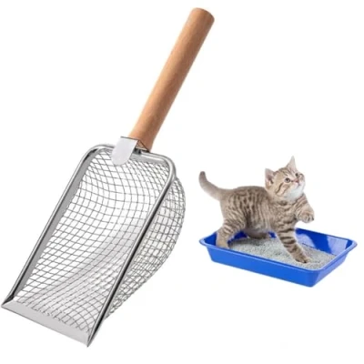 Abbildung von Nokwocy Katzenstreuschaufel, katzenklo Schaufel Metall, Katzenstreu mit Holzgriff, 4mm Porengröße Metall Katzenschaufel,katzenschaufel für