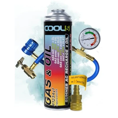 Abbildung von COOL5 2in1 kältemittel r1234yf mit Öl, klimagas für Klimaanlagenbefüllung Fahrzeuge nach 2016 + Messschlauch Adapter Universalreiniger 500ml