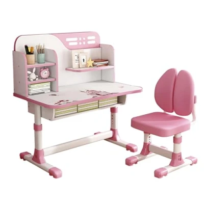 Abbildung von Reheyre Schreibtisch und Stuhl Set für Kinder, rosa mit verstellbarer Höhe, Schubladen Aufbewahrung, Cartoon Muster, Lerntische Stühle Mädchen (doppelte