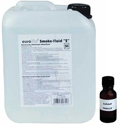 Abbildung von 5 Liter Eurolite E (Extrem) Nebelfluid + 30 ml Duftstoff Vanille, Smoke Fluid, Nebel Fluid Flüssigkeit für Nebelmaschine