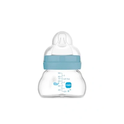 Abbildung von MAM Feel Good A156 Flasche aus Glas, mit patentiertem SkinSoftTM Silikon, Ultraweiches für Babys ab 0 Monaten, 90 ml, Blau