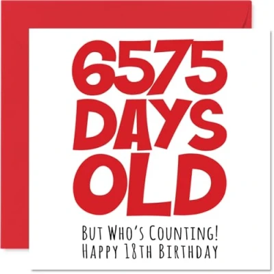 Abbildung von Geburtstagskarte zum 18. Geburtstag für Männer und Frauen, sie 6575 Tage alt lustige Teenager, achtzehntelige Bruder, Schwester, Sohn, Tochter, Cousin, 145 mm x