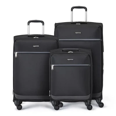 Abbildung von Amazon Basics 3er Set Weiche, Erweiterbare Reisekoffer mit 4 Drehrädern, 53.5cm, 66cm 74cm, Schwarz