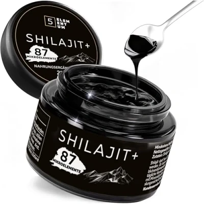 Abbildung von 5 Elementum Shilajit Original Himalaya 80% Fulvinsäure 25g Mumijo Hochdosiert Tropfen, Handgeerntet von verschneiten Hängen des auf 6.000m Höhe Inkl. 500mg Dosierlöffel à 25 g