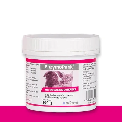 Abbildung von Alfavet EnzymoPank, bei unzureichender Verdauung, exokriner Pankreasinsuffizienz, für Hund und Katze, Diät Ergänzungsfuttermittel, Pulver, 100g