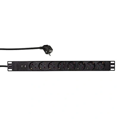 Abbildung von LogiLink Professional PDU8C02 19&quot; Steckdosenleiste mit 8x Schutzkontaktbuchsen (CEE7/3) in 45 Anordnung + 2 USB (Typ A je 2,1A), Überlastungsschutz