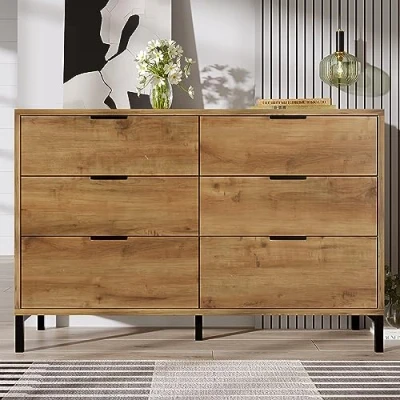 Abbildung von Merax Kommode mit 6 Schubladen 120 cm, Sideboard Schubladenschrank Viel Stauraum, Aufbewahrungsschrank in Dunkle Eiche, Verstellbares Metallbeinen, für Schlafzimmer, Wohnzimmer, x 40 76 cm