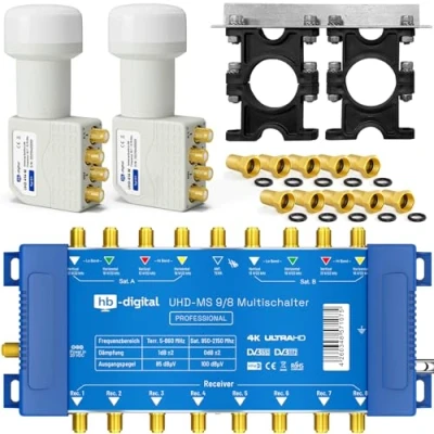 Abbildung von HB DIGITAL Set: 2X Quattro LNB + Multischalter pmse 9/8 9X SAT bis 8 x Teilnehmer/Receiver für Full HDTV 3D 4K UHD mit Netzteil 30 Vergoldete F Stecker Gratis dazu