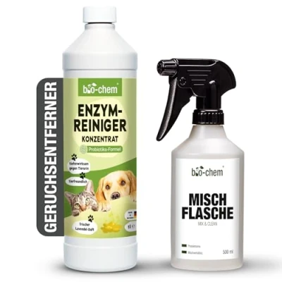 Abbildung von bio chem Geruchsentferner Enzymreiniger 1 l gegen Urin, Katzen &amp; Hundeurin (Sparpaket, Konzentrat + 0.5 Handspray Mischflasche), Probiotische Enzym Technologie