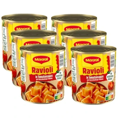 Abbildung von MAGGI Ravioli in Tomatensauce, Teigtaschen gefüllt mit würzigem Fleisch, fruchtiger leckeres Fertiggericht, ideal für Camping, 6er Pack (6 x 800g)