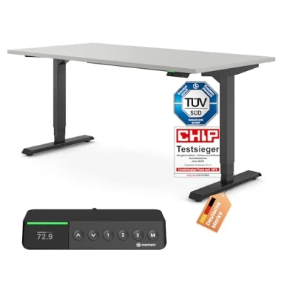 Abbildung von Ergotopia Desktopia Pro x Elektrisch höhenverstellbarer Schreibtisch, Ergonomischer Stehtisch für Büro oder Home Office (Grau, Gestell Schwarz, 160 80 cm)