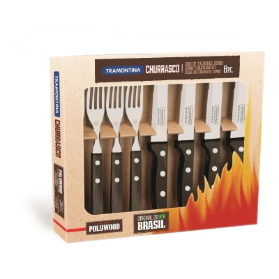 Abbildung von Tramontina Steakbesteck Gaucho, Set 8 teilig, mit 4 Steakmessern und Steakgabeln, Edelstahl, Echtholzgriff, FSC, Brauner Echtholzgriff
