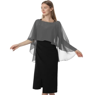 Abbildung von Hotshawl Capelets für Damen, Chiffon Umhang, Schals und Wickeltuch, Abendkleid, Hochzeitsumhänge, Dunkel_Grau, Einheitsgröße