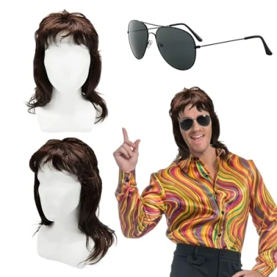 Abbildung von TUONYIS 80er Jahre Outfit Herren Perücken 2er Set, Vokuhila Perücke Braun Lockig, 70er Bekleidung Herren, Mullet Retro Disco Punk Rocker Halloween Party Kostüme (2 Pcs)