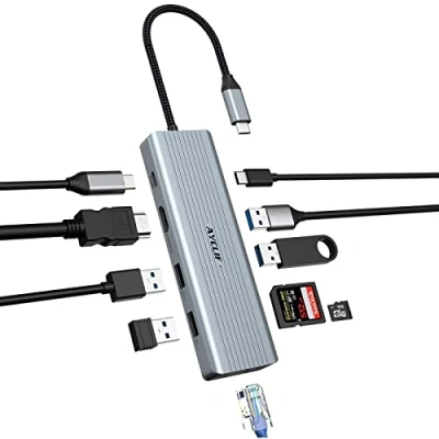 Abbildung von 10 in 1 Dual Monitor AYCLIF USB C Hub, Dockingstation, Laptop Adapter (Gigabit Ethernet, 4K HDMI, 3.0, PD 100W, 3,5 mm MIC, SD/TF Leser) für MacBook Pro/Air, HP, Lenovo, Dell