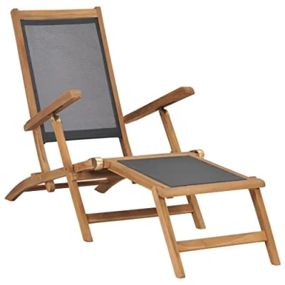 Abbildung von vidaXL Teak Massiv Liegestuhl mit Fußablage Klappbar Sonnenliege Gartenliege Deckchair Gartenmöbel Holzliege Liege Relaxliege Schwarz