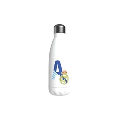 Abbildung von Real Madrid Wasserflasche aus Edelstahl, luftdicht, mit Buchstabe A in Blau, 550 ml, Weiß, offizielles Produkt (CyP Brands)