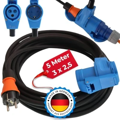 Abbildung von Adapterkabel Schutzkontakt Gummistecker IP44 auf CEE Winkelkupplung mit integrierter Schutzkontaktsteckdose 16A H07RN F 3G 2,5mm² (5m)