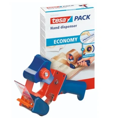 Abbildung von tesa Klebeband tesapack ECONOMY Handabroller (Packung, 1 St) Packbandabroller für leichtes &amp; sicheres Verpacken blau / rot